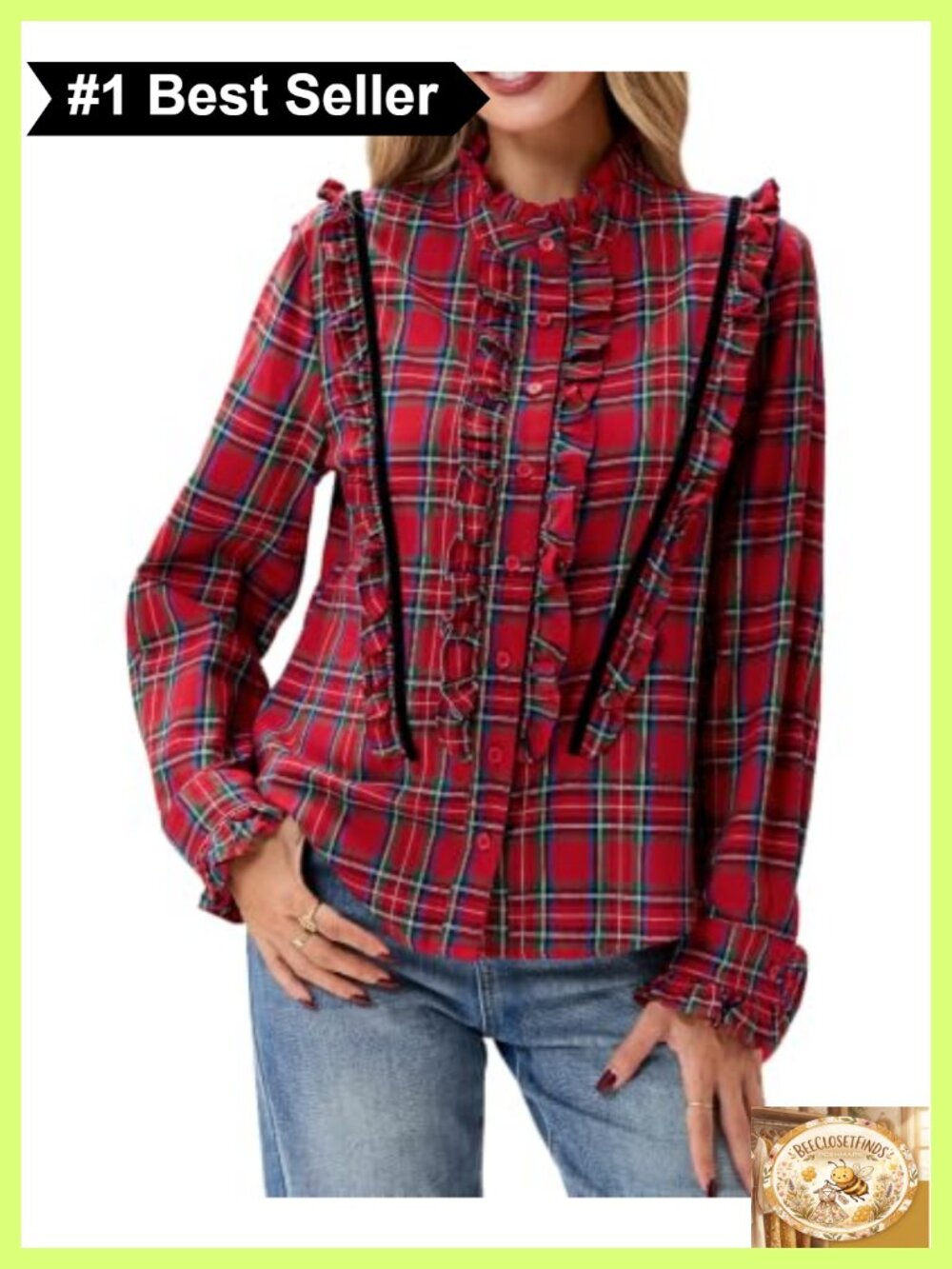 Plaid Button Down Blouse Ruffle Velvet Trim 100% Cotton